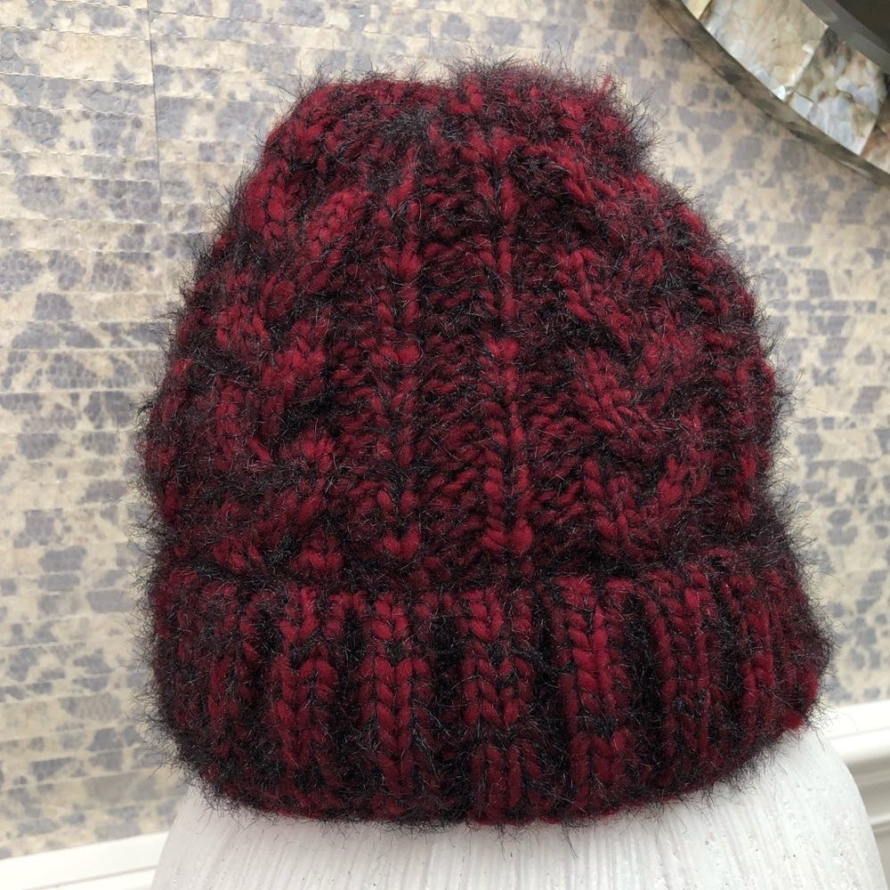 Burgundy Red Hand Knit Hat /Cap Style hat elasticity with soft lining